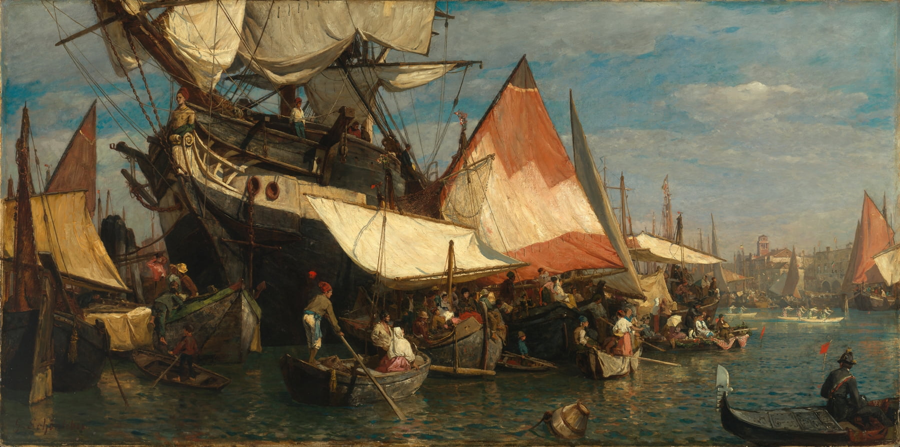 Regatta in Venedig, Gustav Schönleber (1876). Oil painting of a crowded Venetian regatta. Dozens of sailboats and gondolas fill the canal, their bright white and red sails catching the light. People cluster on the boats and along the water, creating a lively, bustling scene beneath a blue sky.