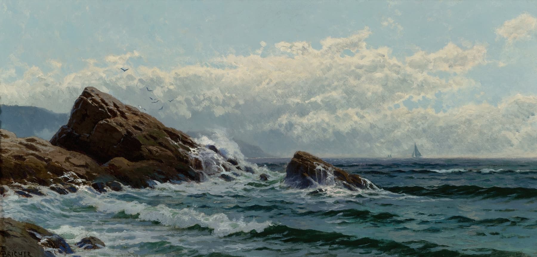 A coastal seascape painting showing waves crashing against dark, rugged brown rocks on the left side of a rocky shoreline. White foam sprays where the green-blue water breaks against the stone. The choppy ocean fills the foreground and stretches to a hazy horizon, where two small sailing ships are visible in the distance on the right. Above, a wide expanse of sky is filled with billowing white and gray clouds, and a small flock of birds flies near the rocks. The artist's signature, 'Bricher', appears in the lower left corner.