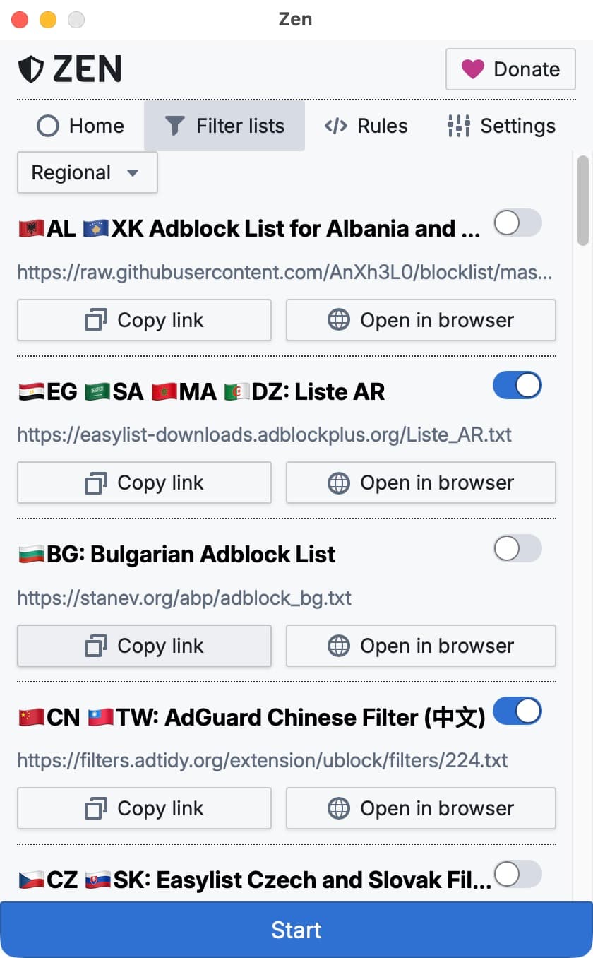 Screenshot of Zen's Filter lists page